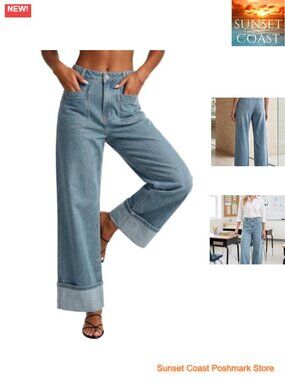 Womens High Waisted Wide Leg Stretch Denim Jeans Trendy Cuff Hem